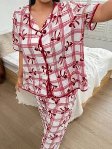 SHEIN 大码格子蝴蝶结印花泡泡皱短袖上衣和裤子家居服套装 - 紅色 - 查看 5