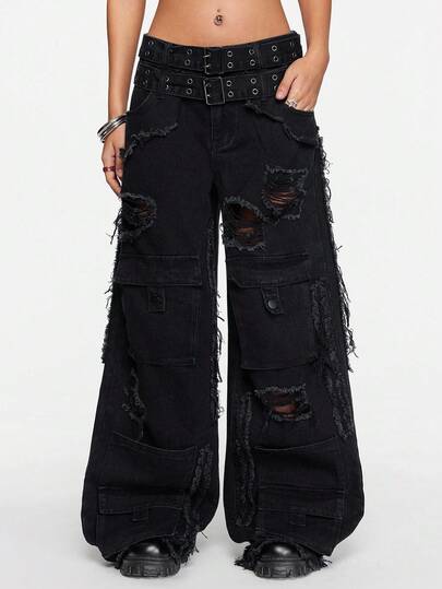 Street Life Women's Loose Fit Distressed Wide Leg Jeans With Dual Waistband Design