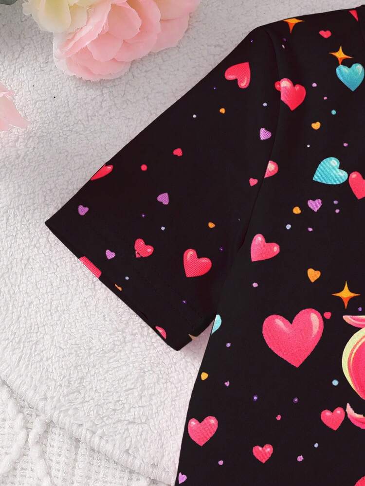 2 piezas Conjunto de top de manga corta y pantalones con estampado de unicornio y corazón que brillan en la oscuridad para niñas pequeñas, adecuado para uso al aire libre - Negro - Añade 4