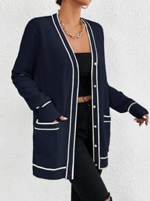 EMERY ROSE Casual Color Block Trim Dual Pocket Cardigan, Spring/Autumn Fall Winter Cloth For Women - Navy Blue - View 3