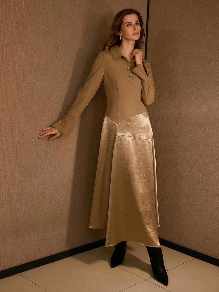 MIXED MEDIA ASYMMETRICAL HEM HALF BUTTON PLACKET DRESS