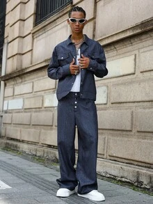 PAVTROS Manfinity Streetrush 男士休闲街头风格长袖衬衫和裤子套装男士海军蓝两件套，秋季服装 - 藏蓝色 - 查看 6