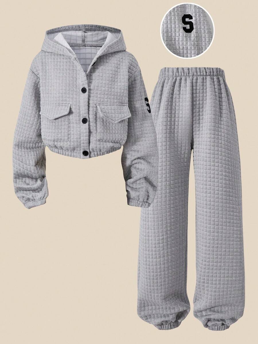 SHEIN Explorewe 2pcs Tween Girls Casual Button Hoodie Jacket & Pants Set Fall Winter - Multicolor - View 1
