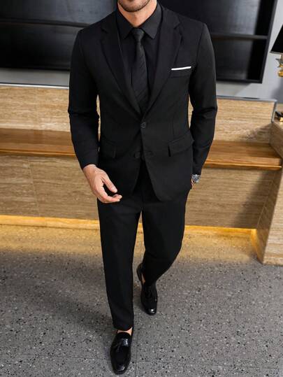 Manfinity Bizformal 1 Set Men's Business Casual Single-Breasted Suit Jacket And Pants, Featuring A Shawl Neck Design For Added Style And Layering, Suitable For Commuting, Business, Parties And Banquets. This Suit Set Is An Indispensable Versatile Piece In A Man's Wardrobe, Making It A Great Gift For Boyfriends Or Husbands