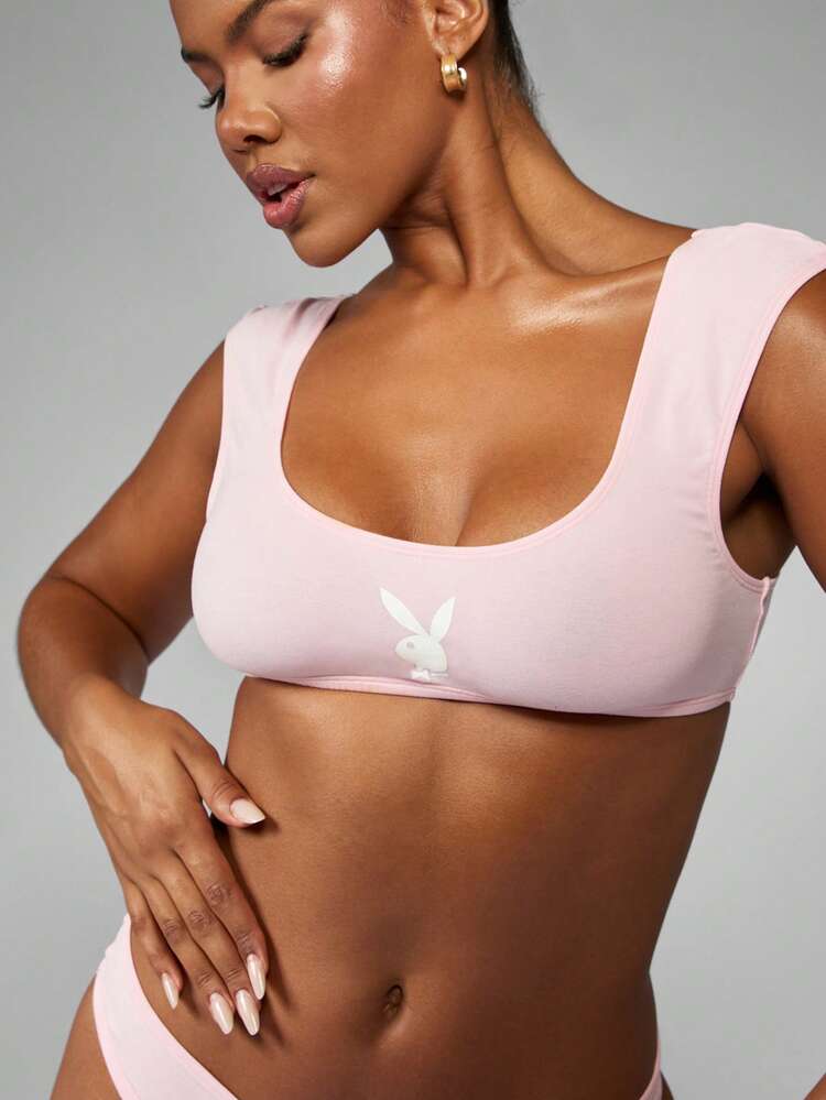 Missguided x Playboy Women Cap Sleeve Bralette Retro Bunny Logo Wide Strap Scoop Neck Low Impact Cotton Blend Unlined Lingerie Loungewear Sleepwear Soft Stretch Comfort