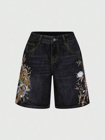 ROMWE Avant Jeans a vita bassa, ampi e morbidi, stile retrò da strada, con ricamo cinese di tigre e fiori, unisex