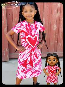 SHEIN Vestido casual con cuello redondo y estampado digital para niñas de entre 4 y 7 años, uso diario con estilo europeo y americano, primavera/verano - Rojo y blanco - Ver 1