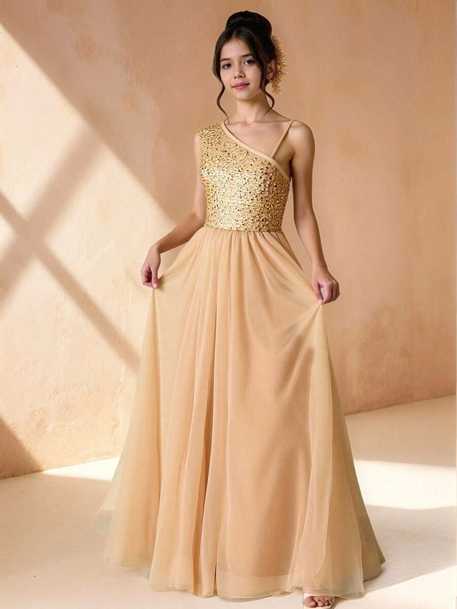 Flower Girl & Big Girl High-End One Shoulder Sequin Contrast Mesh Back Bow Long Dress, Suitable For Wedding, Christmas, Halloween, Performance, Prom, Birthday Party, Back To School, Graduation Fall Winter - Champagne - View 1