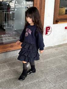 DAZY Infant/Toddler Girls' Ruffle Hem Korean Cartoon Letter Casual Dress - Navy Blue - View 6