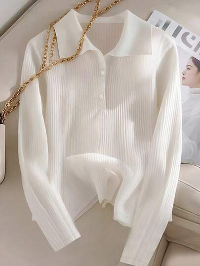 GlowEve 女式纯色罗纹 Polo 领长袖休闲 T 恤