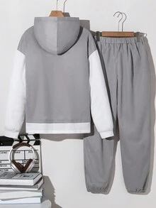 青少年男孩休閒寬鬆紋理對比色拼接連帽衛衣套裝，灰色，秋季，秋冬冬季校園通勤六年級派對 - 灰色 - 查看 2