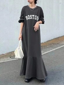 FRIFUL Women's Round Neck Thermal Lined Loose Letter Print Contrast Color Decor Fishtail Hem Long Dress - Grey - View 1