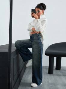 EURMUSE HIGH WAIST WIDE LEG CASUAL STYLE DENIM - Medium Wash - View 4