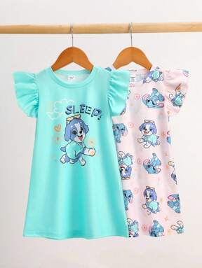 2pcs Baby/Baby GirlCasual Cartoon Dog Print Ruffled Sleeve Loungewear Suitable For Both Home & Outdoor Wear, Summer Toddler Girl Night Gowns Toddler Sleepwear Girls Girls Pajamas Girls Sleepwear Dog Pajamas Girls