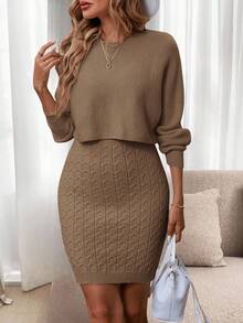 SHEIN LUNE Bộ đồ gồm 2 món áo len cổ tròn dáng suông dành cho nữ, thích hợp đi làm và đi chơi. Áo len hai mảnh dệt kim gân, bộ đồ hai mảnh màu nâu dành cho nữ, bộ áo len dệt kim màu nâu thoải mái cho mùa thu/đông, phong cách thường ngày. - Cà phê nâu - Xem 1