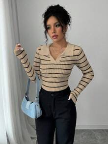 SHEIN PETITE 女式经典条纹时尚 Polo 领翻领修身短款针织套头衫，秋冬 - 杏色 - 查看 5