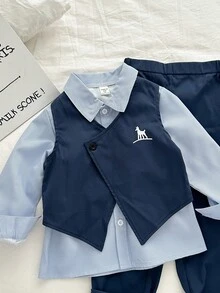 Genkimix Kids 3件套小男孩动物印花无袖背心+宽松条纹衬衫+裤子套装 - 藍色 - 查看 4