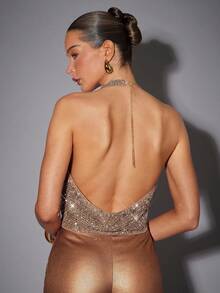 Hauture 女式性感夜场前围脖钩针亮片链条肩部细节上衣 - 棕色 - 查看 2