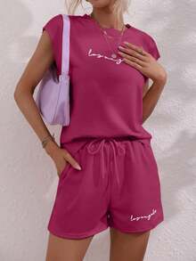 SHEIN LUNE 女式无袖背心和抽绳短裤两件套，休闲家居服 - 玫紅色 - 查看 3