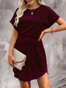 EMERY ROSE Women's Casual Solid Color Waist Belt Short Sleeve Dress - Burgundy - View 4