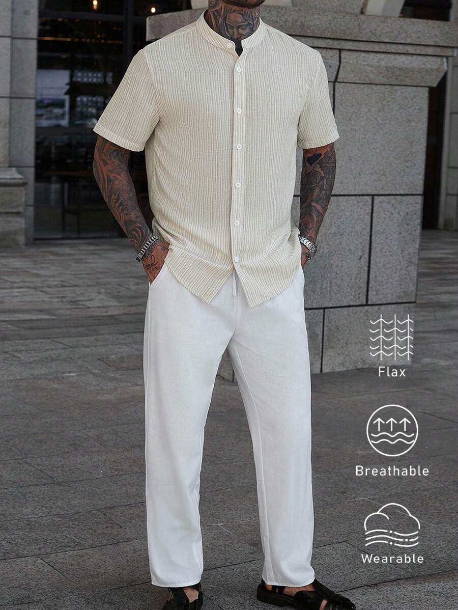 Manfinity CasualCool 2pcs Linen Striped Collar Short Sleeve Shirt Set - Multicolor - View 1