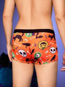 Notgurli Boxers pour hommes à motifs ludiques et mignons pour une fête de famille, avec citrouille d'Halloween, visage de fantôme, toile d'araignée, chauve-souris, chat - Orange - Voir 2
