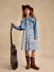 Tween Girl Denim Jacket & Floral Dress Set