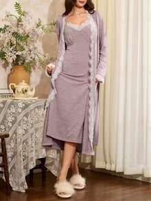 Côtesoire 撞色蕾丝拼接浪漫法式风女士睡衣套装，蕾丝边饰睡袍睡衣套装，薰衣草色连衣裙，秋冬服装 - 淺灰紫 - 查看 1