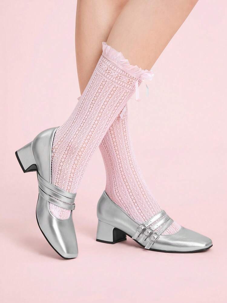 CUCCOO DOLLMOD Women's Silver Classic Retro Chunky Heel Multi-Strap Commuter Style Comfortable Minimalist Mary Jane High Heels - Silver - View 5