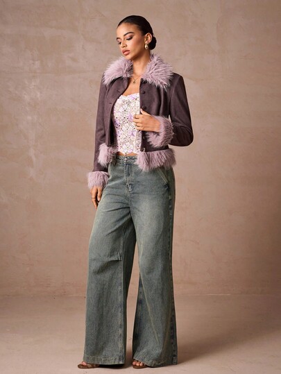 Lumalex Winter Fall Women's Regular Jacket With Faux Fur And Suede Patchwork Shoulder Pads And Waist Cinching Fur Jacket Outerwear Women Coats For Women Luxury Prom Gathering Party Banquet Modest Old Money Coquette Glitter Holiday Party Rave Festival Outing Vacation Hot Outdoor Richly Layered Wedding Season Banquet ID Al-Adha Al-Adha Party New Year Cold-Weather Jackets Fall New Style Women