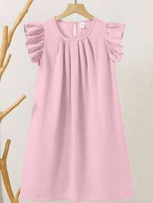 SHEIN 青少年女孩纯色褶皱连衣裙，休闲韩式度假迷你分层袖