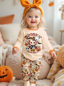 SHEIN Cremefarbenes helles Apricot, süßes und lustiges Cartoon Halloween Kürbis, Geist, Spinnennetz, Fledermaus, Totenkopf, Tiermuster Baby Mädchen Lässig Minimalistisch Weich Bequem Rundhals Langarm T-Shirt und Leggings Thermisch gefütterte dicke Pyjamas, geeignet für Herbst/Winter - Verschiedenfarbig - Übersicht 1