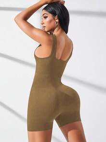 Easithlete Bộ đồ liền thân thể thao dệt kim gân màu trơn không đường may dành cho nữ - Màu Khaki - Xem 3