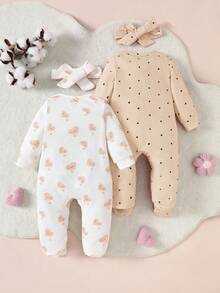 SHEIN 4pcs Newborn Baby Girl Cute Polka Dot Heart Print Long Sleeve Zipper Romper & Butterfly Headband Soft Sleepwear Outfit Set Graphic - Apricot - View 2