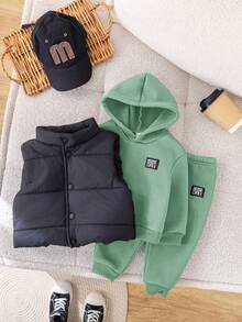 3 Stück/Set Baby Jungen/Mädchen Lässig Schwarze Weste Jacke, Grüner Kapuzenpullover, und Hose 3-teiliges Outfit Set, geeignet für Herbst/Winter