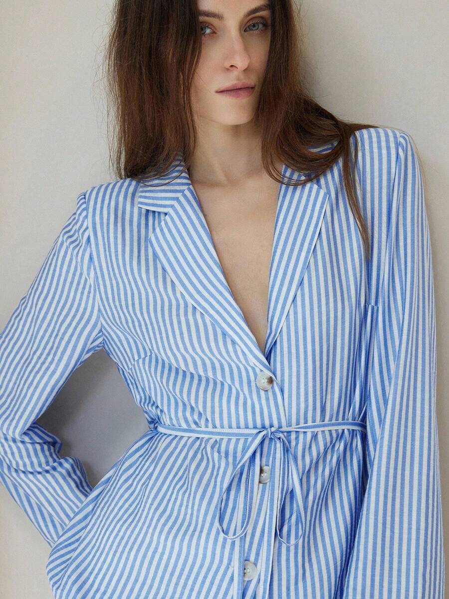 GENKIRA Linen-Like Bamboo Striped Collared Long Sleeve Shirt, Elegant European Style, Vacation Vibe - Multicolor - View 1