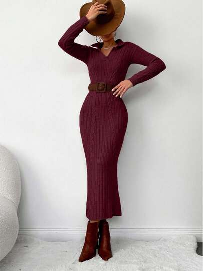 EURMUSE Women's Autumn Turndown Collar Long Sleeve Cable Pattern Fitted Elegant Knit Dress