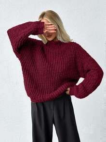 EURMUSE 女士厚纱高领休闲风格常规版型冬季保暖毛衣 - 酒紅色 - 查看 7