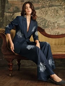 Anewsta Women's Elegant Navy Blue Floral Summer Dining Suit,Modern Beaded Embroidery Waist Cinched Blazer Jacket And Flared Pants,High-End Commuting Set - Navy Blue - View 5