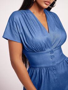 Radiana Women's Sexy Casual Denim Effect V-Neck Jumpsuit, Loose Wide Leg Pants Button Down Jumpsuit V Neck Jumpsuit Wide Leg Jumpsuit - Blue - View 4