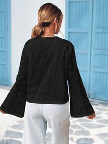 Vivid Eden 女士休闲纯色梭织长袖前系带宽松衬衫 - 黑色 - 查看 2