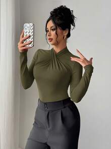 Firerie Bộ đồ liền thân cổ bèo nhún màu đỏ thanh lịch, hiện đại và gợi cảm, đa năng cho mặc thường ngày, ở nhà và giao lưu, mùa thu/đông - xanh quân đội - Xem 6