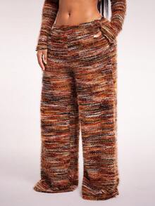 Radiana 大码女式复古美拉德棕色低腰抽绳阔腿裤，舒适休闲家居服毛绒针织阔腿裤，女式纹理针织裤 - 彩色 - 查看 3