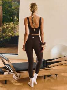 GLOWMODE FeatherFit™ Ribbed Flex Soft Square Neck Sports Bra Low Impact Yoga Pilates Studio Daily Casual Wear Removable Cups Fall Winter - Chocolate Brown - View 7