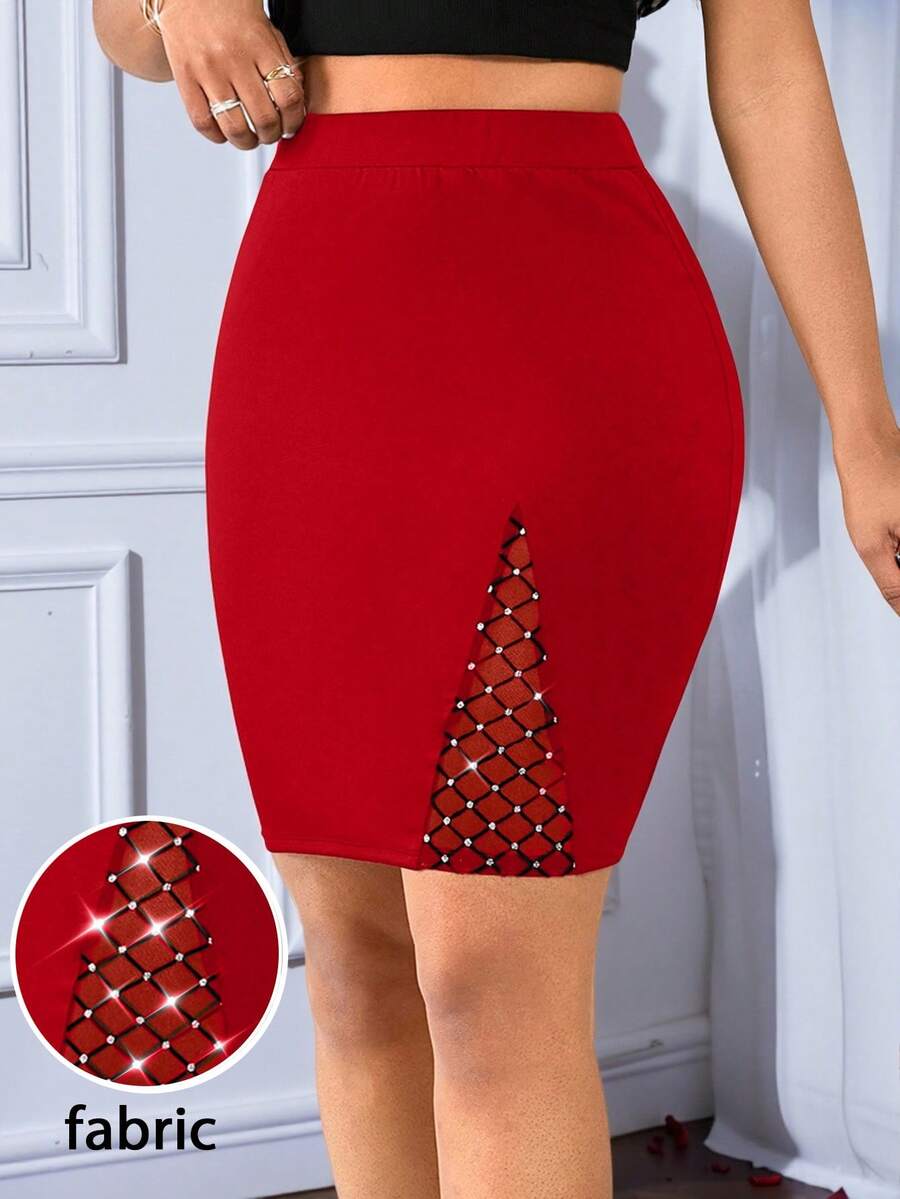 SHEIN Lady 2025 新款女士时尚通勤水钻网眼拼布修身半身裙秋季女士商务休闲女装办公室女士工作女士秋季女士教堂女士机场女士优雅女士乡村女士商务职业女性外出工作 - 紅色 - 查看 1