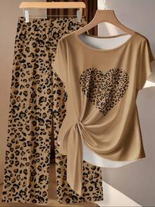Conjunto de 2 piezas con estampado de leopardo y corazón para mujer talla grande, conjunto casual de vacaciones, primavera/verano - Multicolor - Ver 1