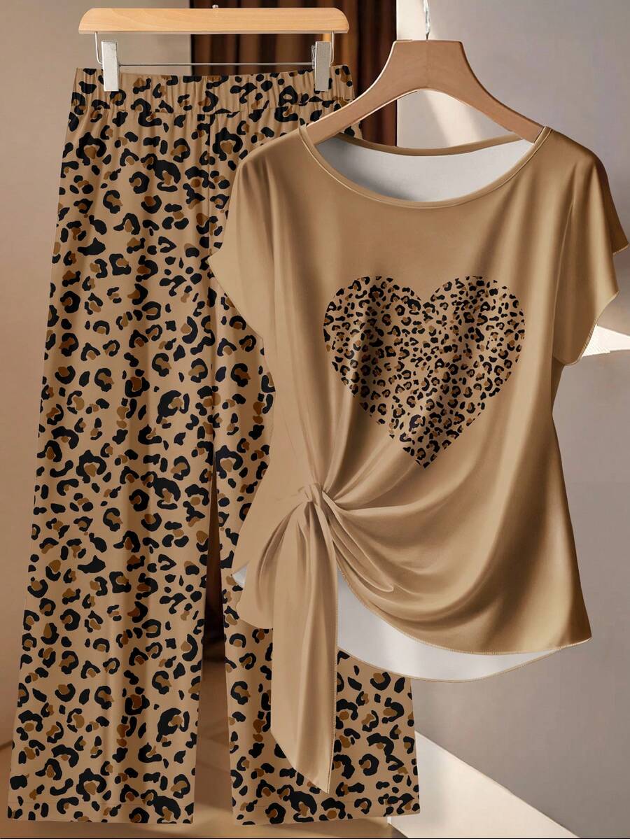 Conjunto de 2 piezas con estampado de leopardo y corazón para mujer talla grande, conjunto casual de vacaciones, primavera/verano - Multicolor - Ver 1