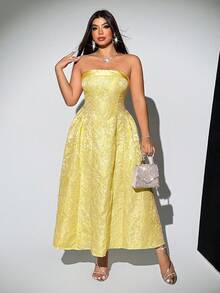 Viva Relle 大码女士优雅复古A字连衣裙，3D立体印花图案，适合情人节穿着 - 黃色 - 查看 5