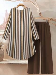 Lacomfia 女式复古棕色条纹数码印花图案休闲宽松圆领上衣和裤子两件套 - 彩色 - 查看 2