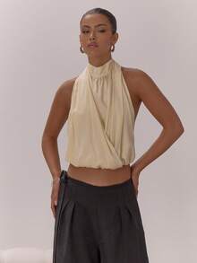 MUSERA 高领垂褶露背上衣，优雅性感，适合夜晚外出、度假、派对、节日聚会、春夏情人节等场合。 - 黃色 - 查看 5